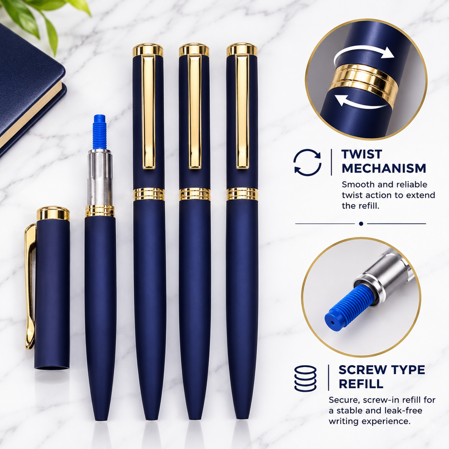 Matt Dark Blue Gold Clip Twist Ball Pen – Blue Ink | 1 Extra Refill
