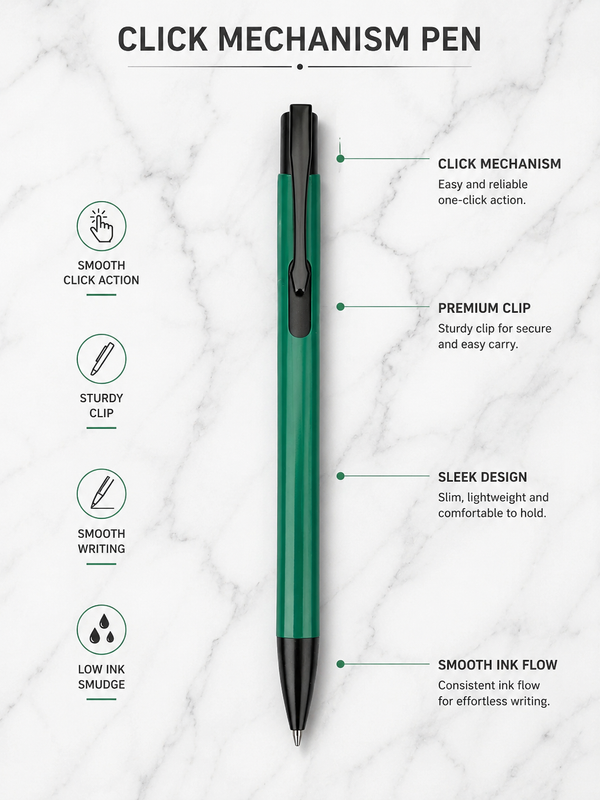 Ballpen Bazaar Matt Green Ball Pen with Black Clip | Click Mechanism | Smooth Blue Ink | Premium Lightweight Writing Pen for Office School College & Daily Use