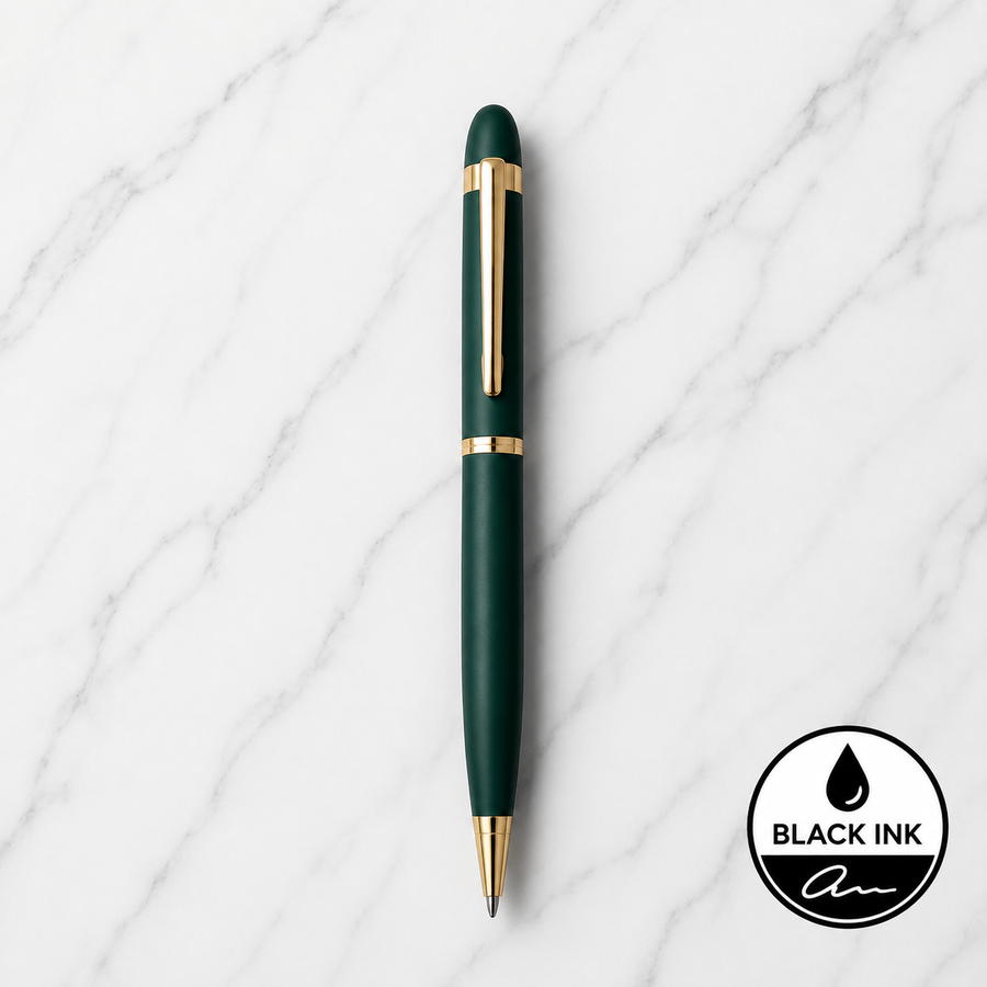 Matt Green Ball Pen with Gold Clip, Twist Mechanism, Black Ink, 1 Pen + 1 Free Refill — Ballpen Bazaar