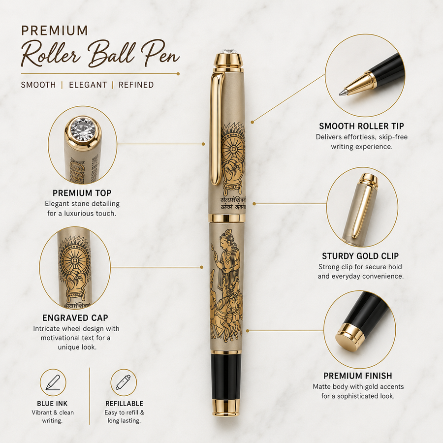 Matt Grey Mahabharata Roller Ball Pen with Gold Clip, Blue Ink, 1 Free Roller Refill — Ballpen Bazaar