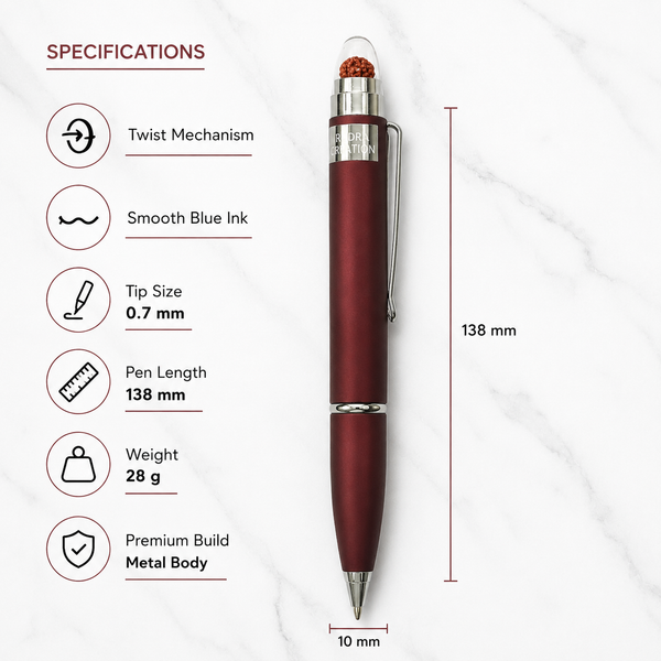 Ballpen Bazaar Matt Maroon Ball Pen with Silver Clip & Rudraksha Top | Twist Mechanism | Blue Ink | Premium Metal Ball Pen