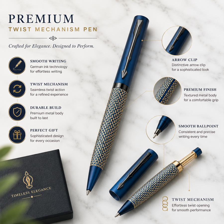 Matt Pearl Blue Ball Pen with Blue Grid Design & Glossy Blue Clip, Twist Mechanism, Blue Ink, 1 Pen with 1 Free Ext — Ballpen Bazaar