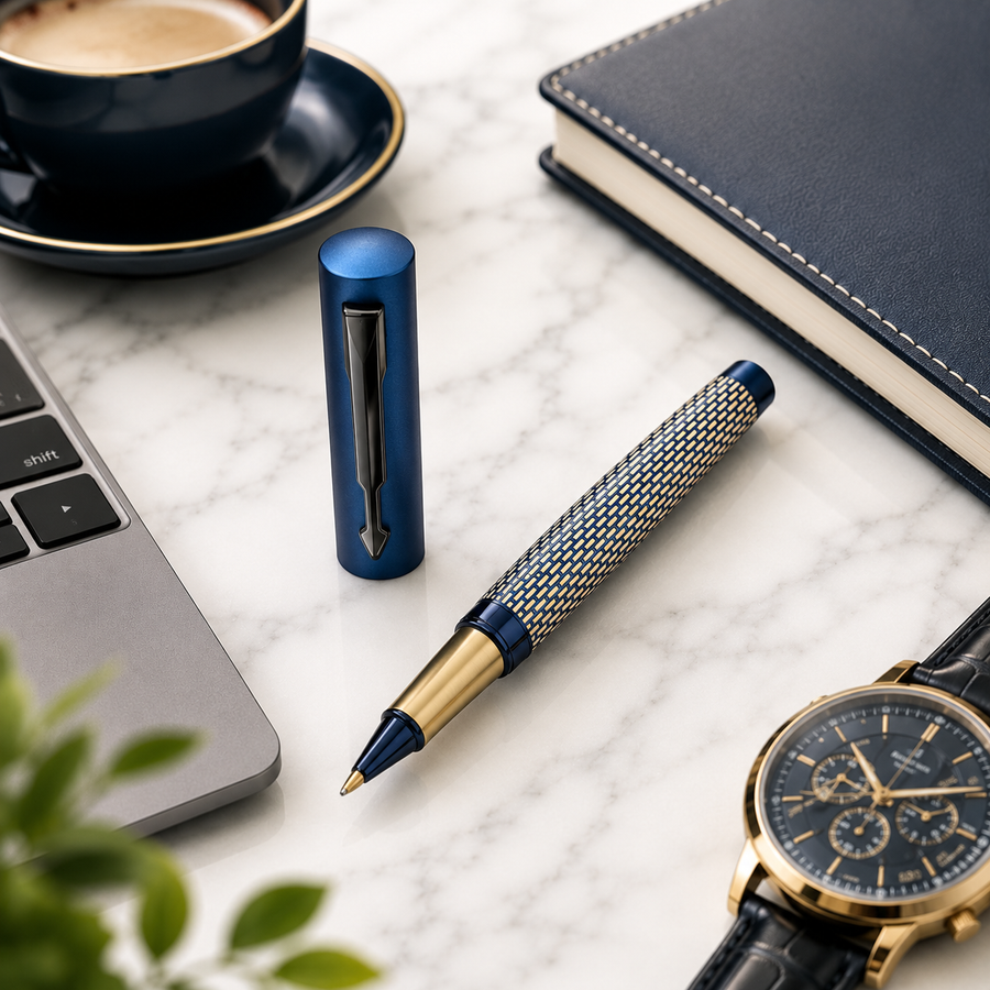 Matt Pearl White Ball Pen with Blue Grid Design & Glossy Blue Clip, Openable Cap Mechanism, Blue Ink Metal Pen, 1 P — Ballpen Bazaar