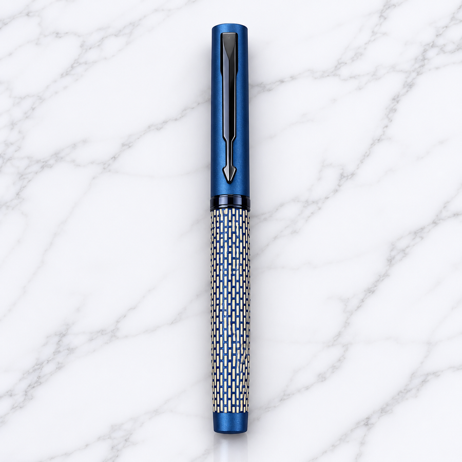 Matt Pearl White Ball Pen with Blue Grid Design & Glossy Blue Clip, Openable Cap Mechanism, Blue Ink Metal Pen, 1 P — Ballpen Bazaar