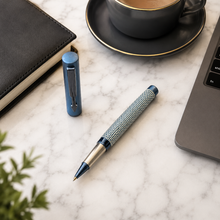 Ballpen Bazaar Matt Pearl White Ball Pen with Blue Grid Design & Glossy Blue Clip | Openable Cap Mechanism | Smooth Blue Ink Writing Pen | Premium Executive Pen | 1 Piece