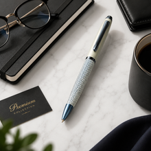 Ballpen Bazaar Matt Pearl White & Blue Grid Design Ball Pen with Glossy Brown Clip | Twist Mechanism | Smooth Blue Ink | Premium Metal Writing Pen | 1 Pc