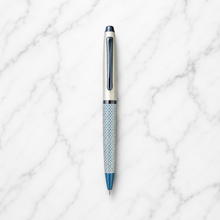 Ballpen Bazaar Matt Pearl White & Blue Grid Design Ball Pen with Glossy Brown Clip | Twist Mechanism | Smooth Blue Ink | Premium Metal Writing Pen | 1 Pc