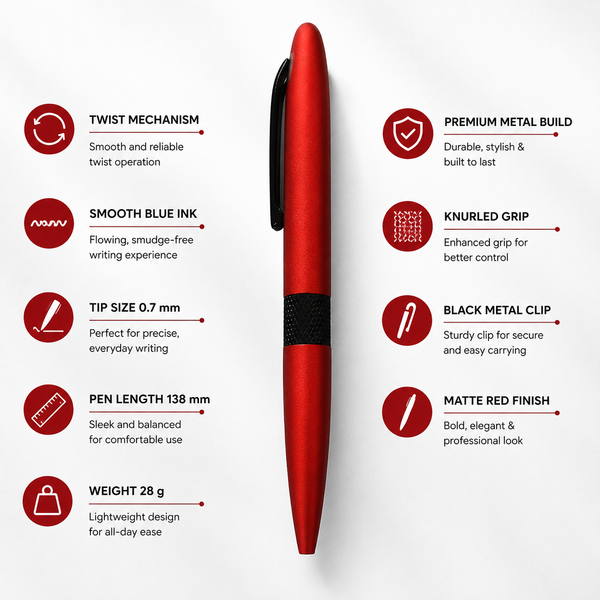 Ballpen Bazaar Matt Red Ball Pen with Black Clip | Twist Mechanism | Smooth Black Ink Writing Pen | Metal Body Pen for Office School Business Use | 1 Pc