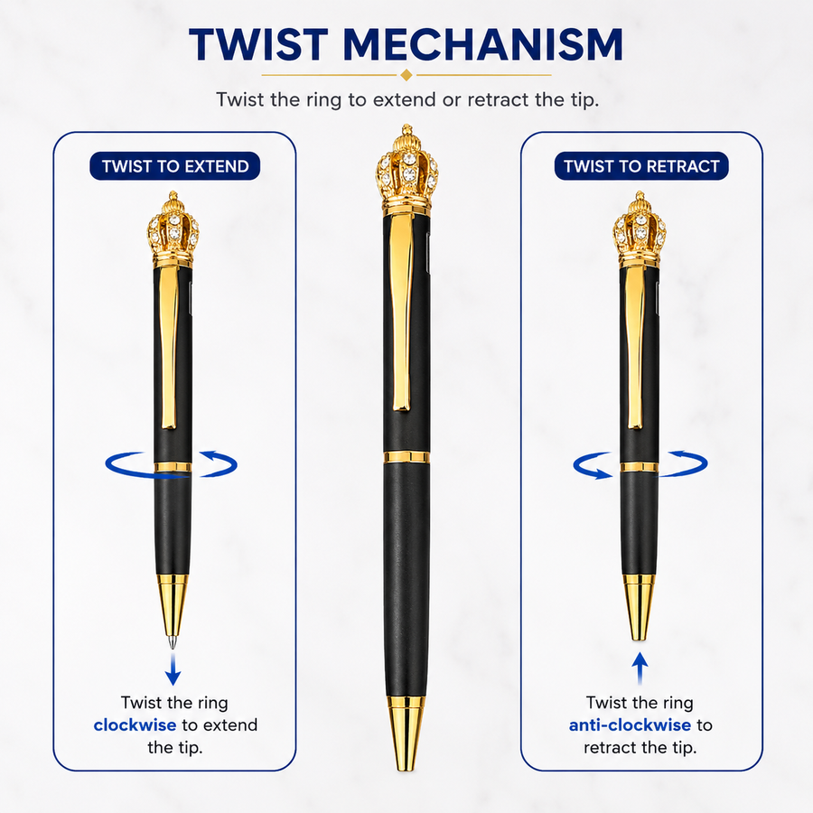 Matte Black Ball Pen with Gold Clip & Diamond Crown Top, Twist Mechanism, Blue Ink, Metal Executive Pen, 1 Pen with — Ballpen Bazaar