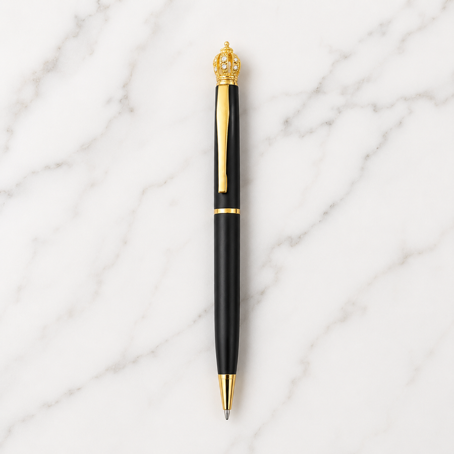 Matte Black Ball Pen with Gold Clip & Diamond Crown Top, Twist Mechanism, Blue Ink, Metal Executive Pen, 1 Pen with — Ballpen Bazaar