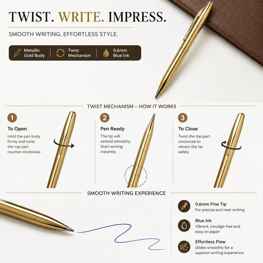 Metallic Full Gold Ball Pen with Gold Clip, Twist, Blue Ink — Ballpen Bazaar