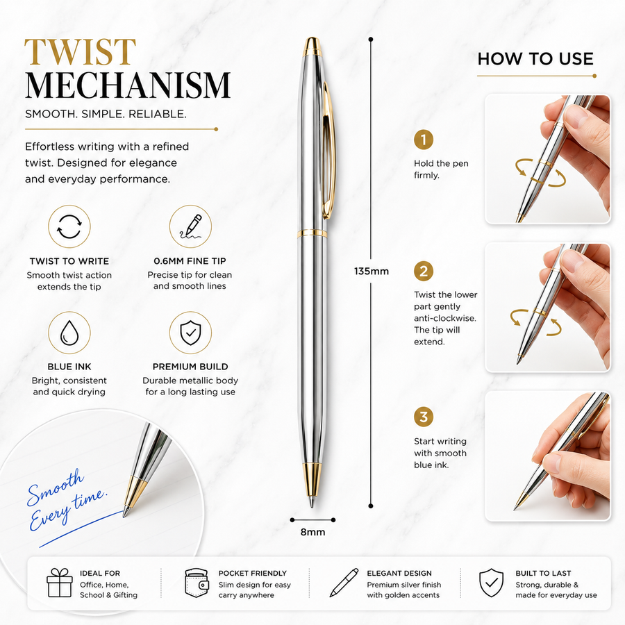 Metallic Full Silver Ball Pen with Gold Clip, Twist, Blue Ink — Ballpen Bazaar