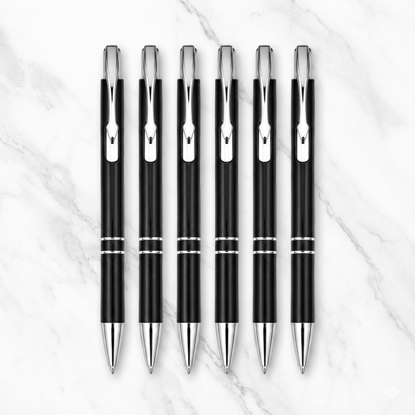 Ballpen Bazaar Metallic Glossy Black Ball Pen Set of 7 | Silver Clip Click Mechanism | Smooth Blue Ink Writing Pens | Premium Metal Ballpoint Pens for Office School College & Corporate Use