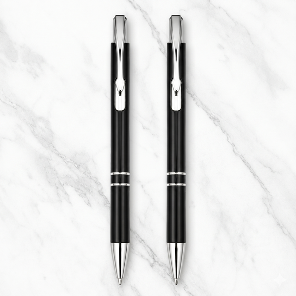 Ballpen Bazaar Metallic Glossy Black Ball Pen with Silver Clip Click Mechanism Blue Ink | Premium Smooth Writing Pen | Pack of 2