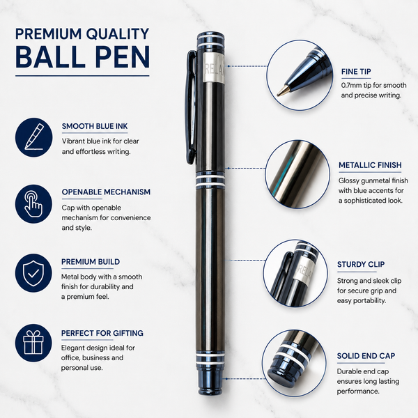 Metallic Glossy Blue Body with Gun Metal Shadow Ball Pen -...