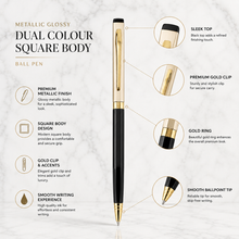 Ballpen Bazaar Metallic Glossy Cream & Black Dual Colour Square Body Ball Pen with Gold Clip | Premium Twist Mechanism | Smooth Black Ink Pen | Executive Writing Pen | 1 Pc