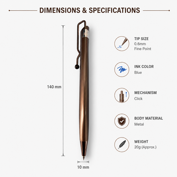 Ballpen Bazaar Metallic Glossy Dark Brown Ball Pen with Designer Brown Clip | Click Mechanism Blue Ink Pen | Premium Metal Writing Pen for Office School & Daily Use