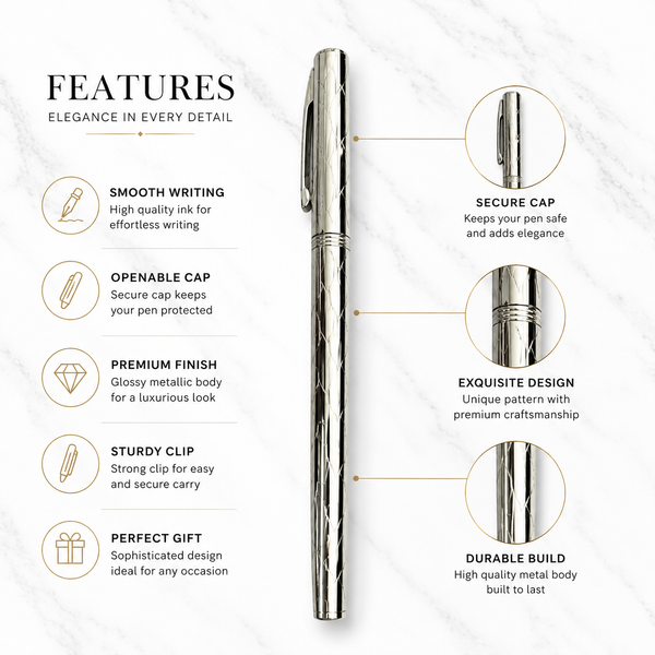 Ballpen Bazaar Metallic Glossy Designer Silver Ball Pen with Silver Cap | Openable Mechanism | Blue Ink | 1 Pc Metal Writing Pen