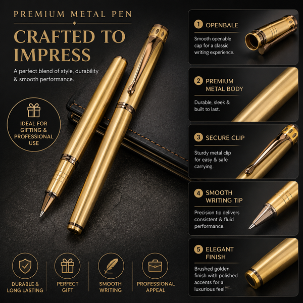 Ballpen Bazaar Metallic Glossy Full Gold Ball Pen with Brown Designer Cap | Openable Mechanism | Smooth Blue Ink Writing Pen | Premium Metal Ball Pen | 1 Pc