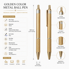 Ballpen Bazaar Metallic Glossy Gold Ball Pen Set of 3 | Gold Clip Click Mechanism | Smooth Blue Ink Writing Pens