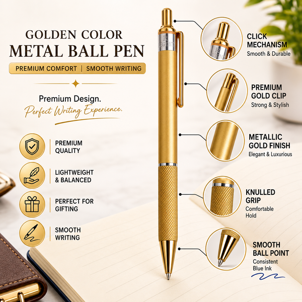 Ballpen Bazaar Metallic Glossy Gold Colour Ball Pen with Gold Colour Clip | Click Mechanism | Smooth Blue Ink Writing Pen | Premium Executive Ballpoint Pen | 1 Pc