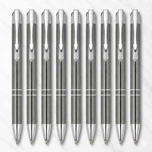 Ballpen Bazaar Metallic Glossy Gray Ball Pen Set of 8 | Silver Clip Click Mechanism | Smooth Blue Ink Writing Pens | Premium Metal Ballpoint Pens for Office School & Gifting