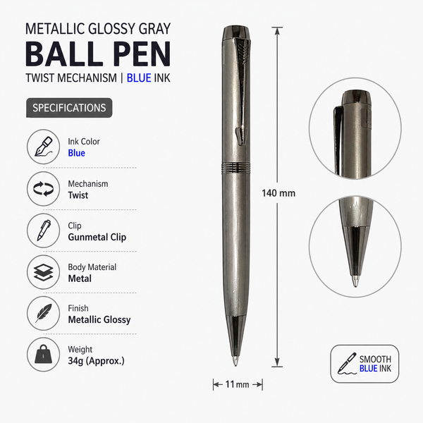 Ballpen Bazaar Metallic Glossy Gunmetal Ball Pen with Gray Clip | Twist Mechanism | Blue Ink | 1 Pc Metal Pen