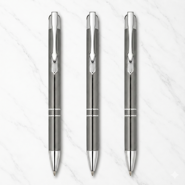Ballpen Bazaar Metallic Glossy Gray Ball Pen with Silver Clip Click Mechanism Blue Ink – Set of 3