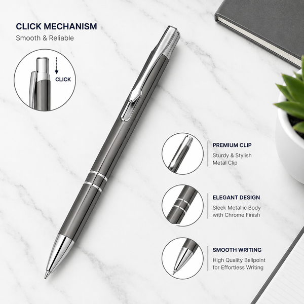 Ballpen Bazaar Metallic Glossy Gray Ball Pen with Silver Clip Click Mechanism Blue Ink – Set of 3