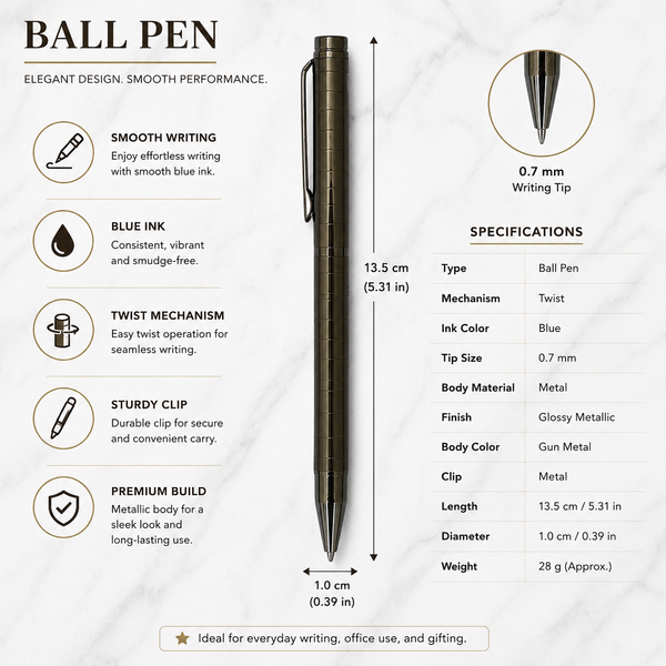Ballpen Bazaar Metallic Glossy Designer Gunmetal Body Ball Pen with Gunmetal Clip | Twist Mechanism | Smooth Black Ink Writing Pen | Executive Ballpoint Pen | 1 Pc