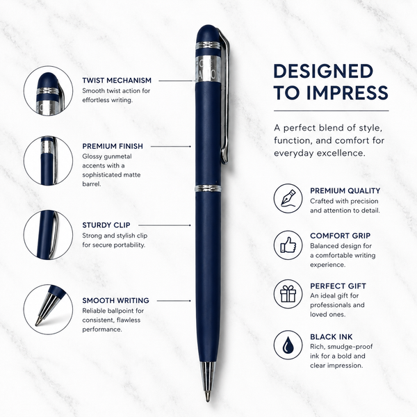 Ballpen Bazaar Metallic Glossy Gunmetal Ball Pen with Silver Clip | Twist Mechanism | Smooth Blue Ink Writing Pen | Premium Executive Ballpoint Pen