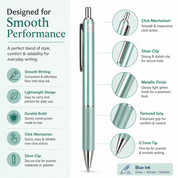 Ballpen Bazaar Metallic Glossy Light Green Ball Pen with Silver Clip | Click Mechanism | Smooth Black Ink Writing Pen | Premium Executive Ballpoint Pen | 1 Pc