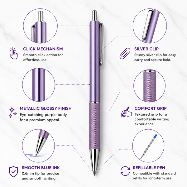 Ballpen Bazaar Metallic Glossy Purple Ball Pen with Silver Clip | Click Mechanism | Blue Ink | 1 Pc