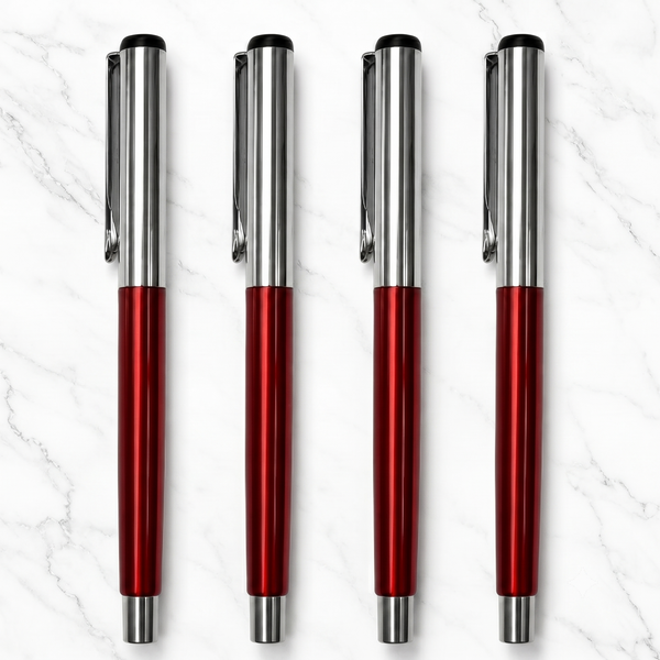 Set of 5 Metallic Glossy Red Ball Pens with Silver Cap