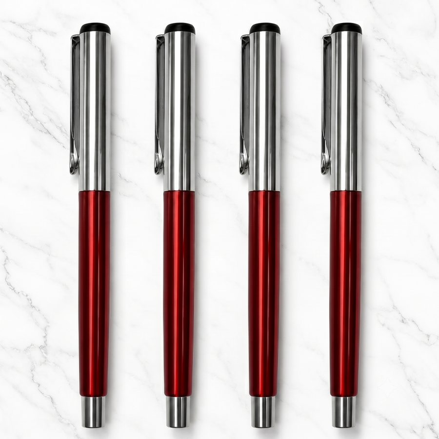 Metallic Glossy Red Ball Pen Set of 4, Silver Cap Openable Mechanism, Smooth Blue Ink Writing Pens, Metal Ball Pens — Ballpen Bazaar