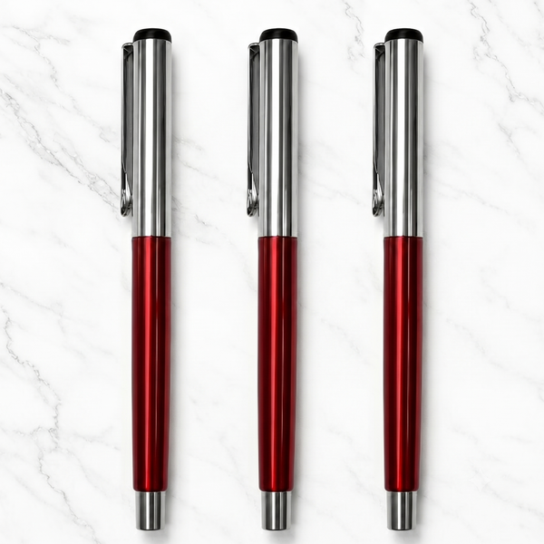 Set of 3 Metallic Glossy Red Ball Pens with Silver Cap – Openable