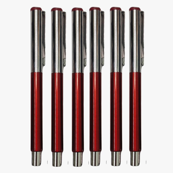 Set of 6 Glossy Red Metallic Body Ball Pens with Silver Cap -...