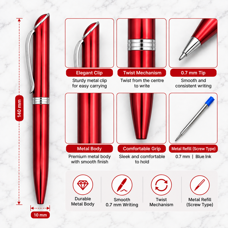 Set of 3 Metallic Glossy Twist Metal Ball Pens – Blue, Red & Black, Blue Ink, 3 Extra Screw Type Metal Refills (Blu — Ballpen Bazaar