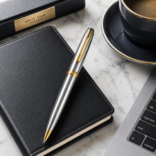 Ballpen Bazaar Metallic Glossy Silver Ball Pen with Gold Clip | Twist Mechanism | Smooth Black Ink | Premium Metal Writing Pen | 1 Piece