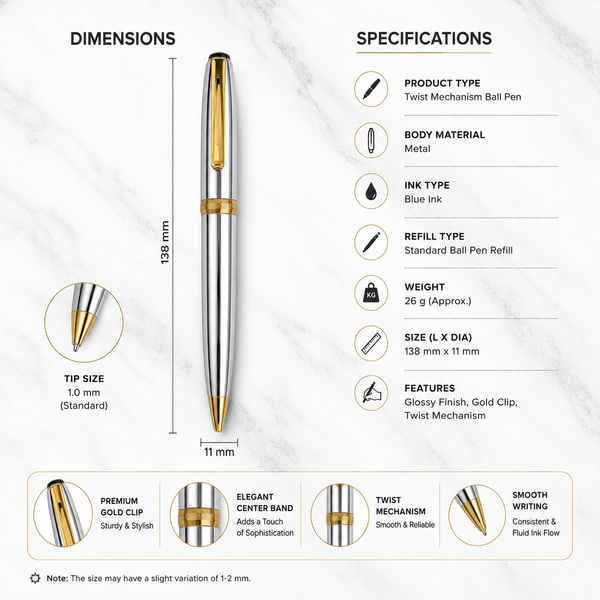Ballpen Bazaar Metallic Glossy Silver Ball Pen with Gold Clip | Twist Mechanism | Smooth Black Ink | Premium Metal Writing Pen | 1 Piece