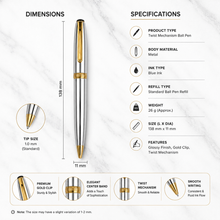 Ballpen Bazaar Metallic Glossy Silver Ball Pen with Gold Clip | Twist Mechanism | Smooth Black Ink | Premium Metal Writing Pen | 1 Piece