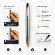 Ballpen Bazaar Metallic Glossy Silver Ball Pen with Gold Clip | Twist Mechanism | Smooth Black Ink | Premium Metal Writing Pen | 1 Piece