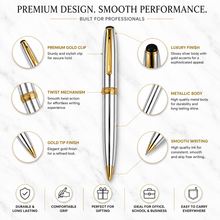 Ballpen Bazaar Metallic Glossy Silver Ball Pen with Gold Clip | Twist Mechanism | Smooth Black Ink | Premium Metal Writing Pen | 1 Piece