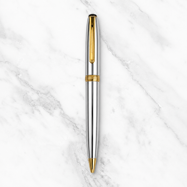 Ballpen Bazaar Metallic Glossy Silver Ball Pen with Gold Clip | Twist Mechanism | Smooth Black Ink | Premium Metal Writing Pen | 1 Piece