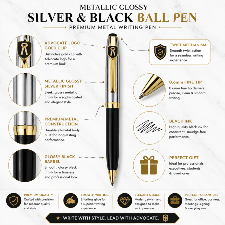 Metallic Glossy Silver and Black Dual Colour Ball Pen with Gold Advocate Logo Clip, Twist Mechanism, Blue Ink, 1 Pe — Ballpen Bazaar