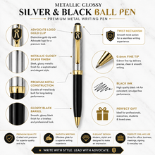 Ballpen Bazaar Metallic Glossy Silver & Black Dual Colour Ball Pen with Gold Advocate Logo Clip | Twist Mechanism | Smooth Blue Ink Writing Pen | Premium Metal Executive Pen | 1 Pc