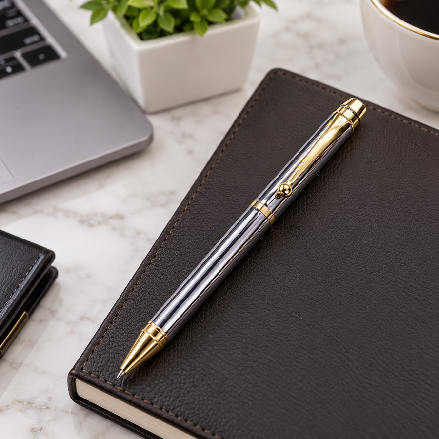 Metallic Glossy Silver Metal Twist Ball Pen with Golden Clip | Blue Ink | Screw Type Metal Refill | Premium Executive Pen