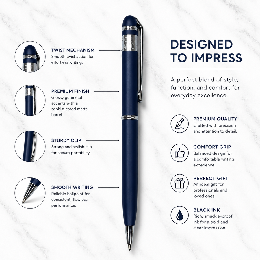 Metallic Gunmetal Ball Pen with Silver Clip, Twist, Blue Ink — Ballpen Bazaar