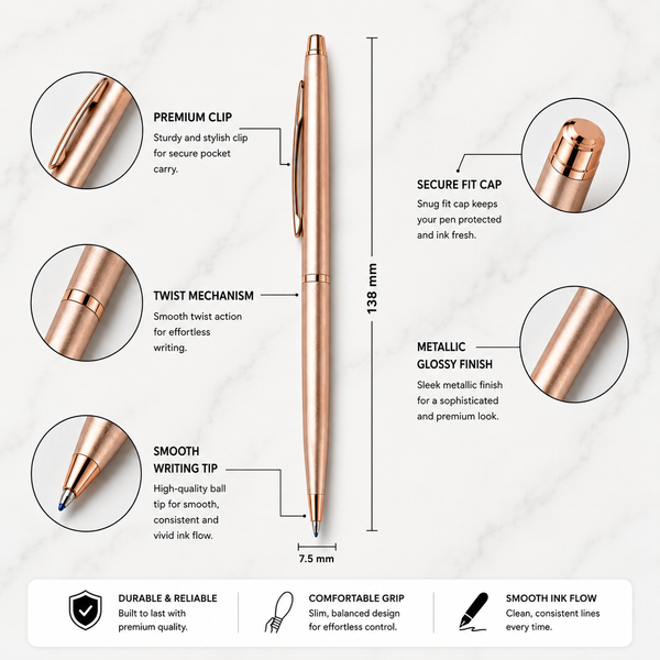 Ballpen Bazaar Metallic Rose Gold Twist Ball Pen with Blue Ink | Glossy Rose Gold Body & Clip | Smooth Writing Pen for Office, School & Daily Use