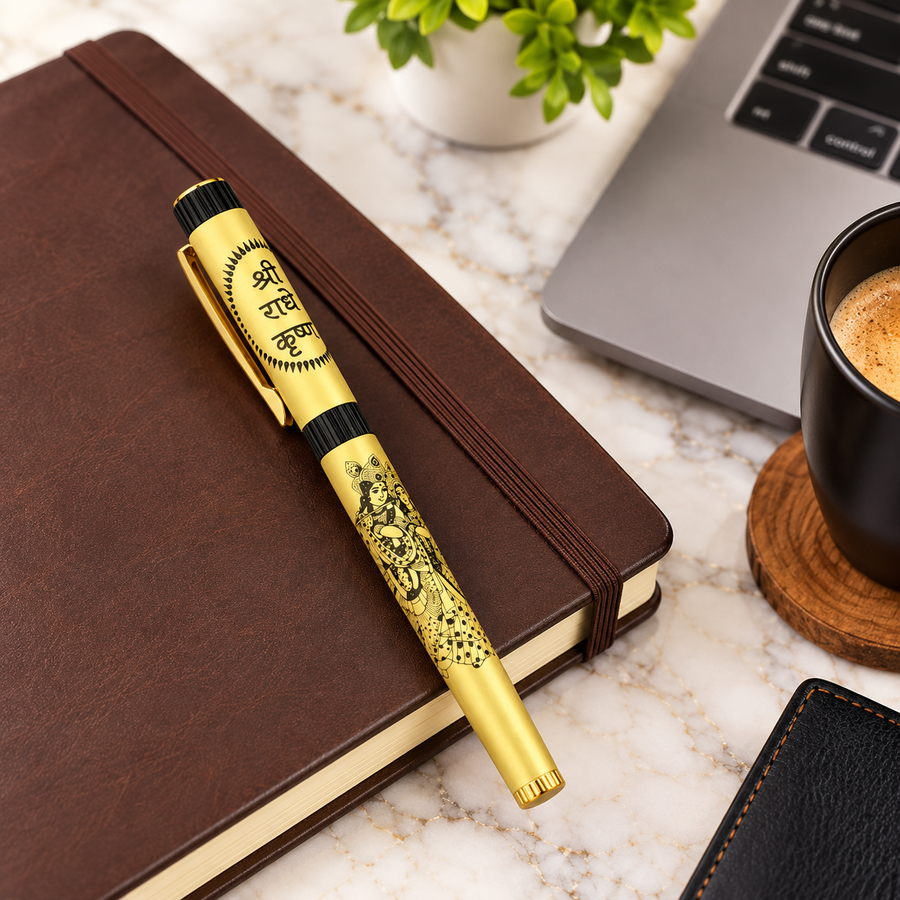 Gold Shri Radhe Krishna Metal Ball Pen, Magnetic Cap, 0.8 mm Blue Ink Metal Jotter Refill, Custom Engraving Availab — Ballpen Bazaar